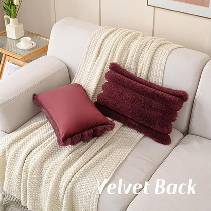 FUTEI Christmas Burgundy Decorative Throw Pillow Covers 12x20 Inch Set of 2, Square Soft Faux Rabbit Fur Thick Striped Lumbar Pillow Case,Winter Home Decor for Couch Bed Living Room