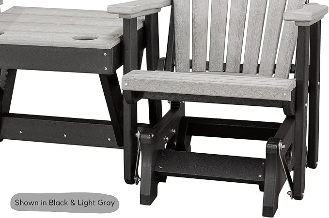 DutchCrafters Slat Fan Back Double Poly Adirondack Glider Outdoor Patio Chairs with Center Table (Tudor Brown & Weatherwood)