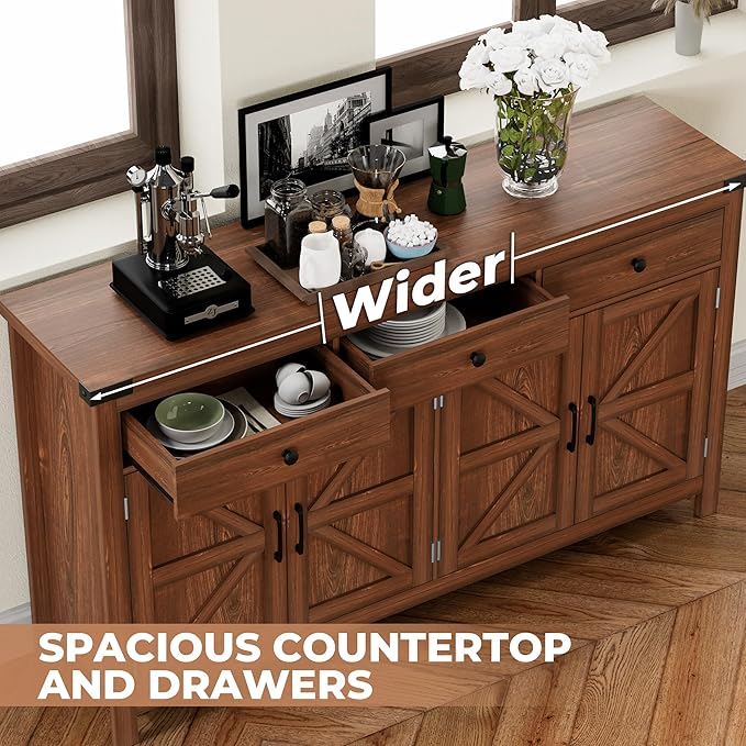 63" Sideboard Buffet Cabinet with Storage, Coffee Bar with 3 Drawers and 4 Barn Doors, Long Wider Storage Cabinet Modern Farmhouse, Cherry Wood, for Kitchen, Dining Room, Living Room