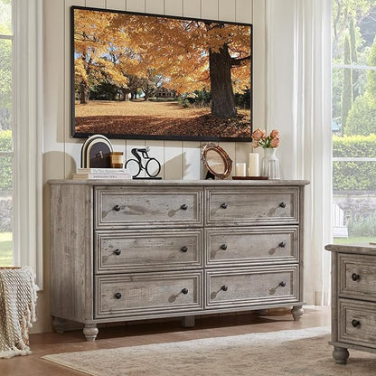 Farmhouse Dressers & Night Stand Set of 4, Wood 54" Wide 6 Drawer Dresser & 35" Tall Chest of Drawers, 18" Roman Column Nightstand Set of 2, Bedroom Furniture Dresser Sets for Home Living Room Hallway
