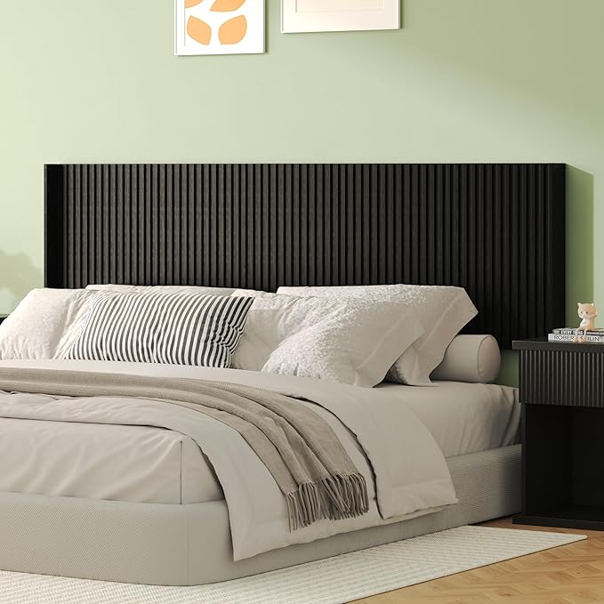 COCO DESIGN King Size Headboard Only, 80" Wide Wooden Headboard, Mid Century Modern Farmhouse Boho HeadBoard, Wall Mount, Fluted Panel, Wingback Design, Black