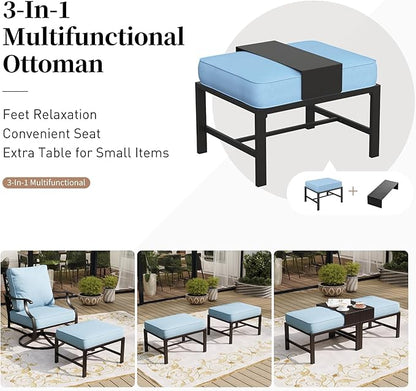7 Piece Metal Outdoor Patio Furniture Set, Patio Conversation Sets 3-seater Sofa, 2 Rocking Chair, 2 Ottomans with 5.75" Thick Cushion, Black All-weather Frame Backyard Furniture, Blue