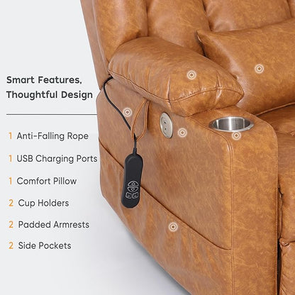 ABCASA Oversized Zero Gravity Power Lift Recliner Chair, 24.8''Wide Dual Motor Recliner for Elderly, Heat & Massage, USB & Type-C Ports, Cup Holders, Extended Footrest, PU Leather, Orange Brown