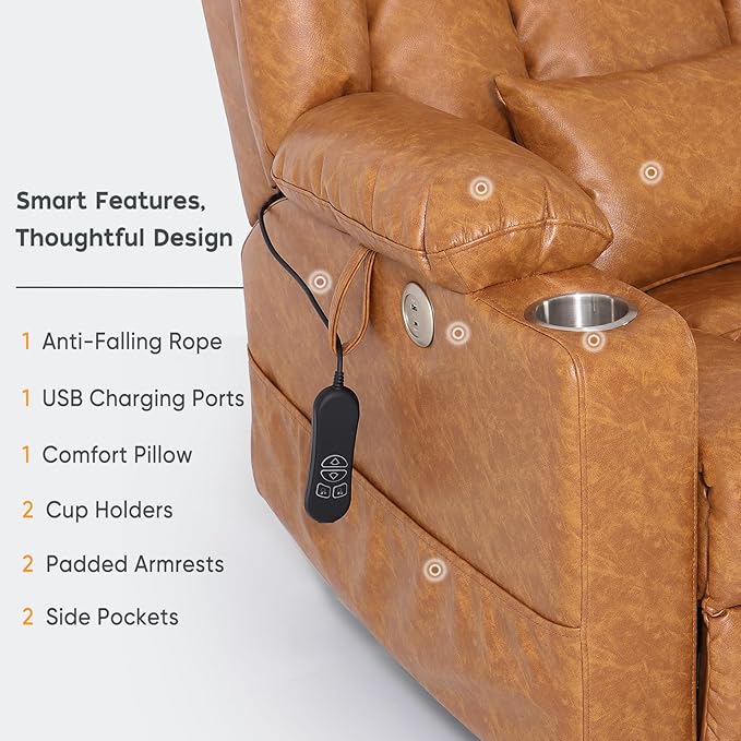 ABCASA Oversized Zero Gravity Power Lift Recliner Chair for Elderly Set of 2, Wide Dual Motor Recliners, Heat & Massage, Charging Ports, Cup Holders, Extended Footrest, PU Leather, Orange Brown