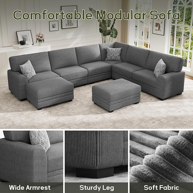Wanderwell Oversized Modular Sectional Sofa, 8-Seater U Shaped Couches with Movable Ottoman,Corduroy Sectional Couch with Wide and Deep Seats Suitable for Living Room,Bedroom,Apartment (Grey, U-8)