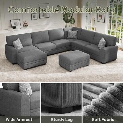 Wanderwell Oversized Modular Sectional Sofa, 8-Seater U Shaped Couches with Movable Ottoman,Corduroy Sectional Couch with Wide and Deep Seats Suitable for Living Room,Bedroom,Apartment (Grey, U-8)