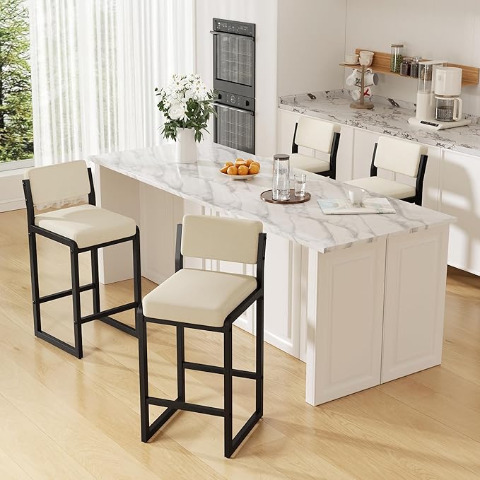 Bar Stools Set of 3, Fabric Counter Height Bar Stools with High Back and Metal Legs, Upholstered Bar Chairs, 26" Modern Barstools for Kitchen Island, Beige