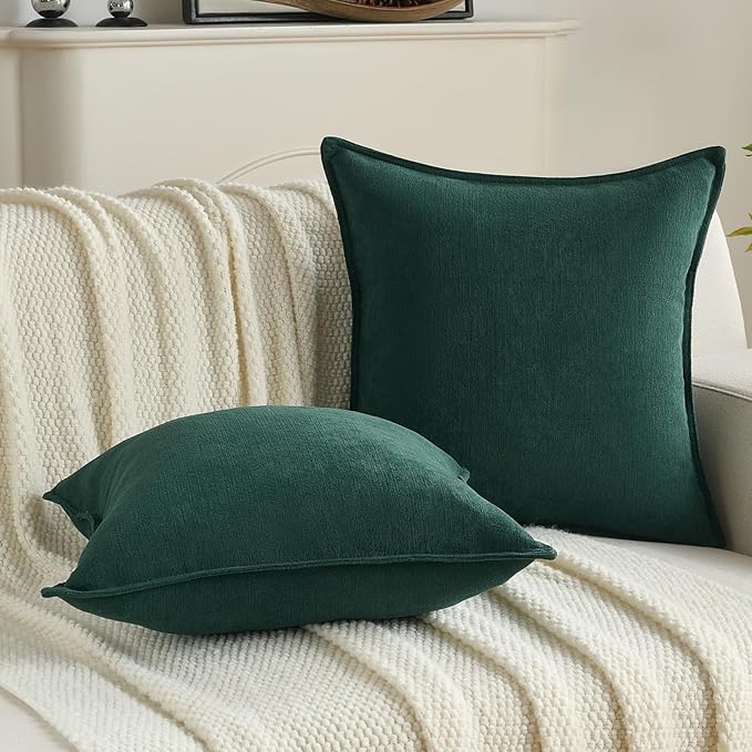 FUTEI Christmas Dark Green Chenille Throw Pillow Covers 22x22 Inch Set of 2,Edges Double-Stitched Cushion Cases,Modern Home Decor for Couch Living Room