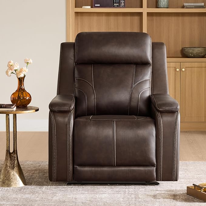 Watson & Whitely Genuine Leather Electric Recliner Chairs for Adults, Lay Flat Recliner with Power Headrest & Chargers for Living Room, Dark Brown