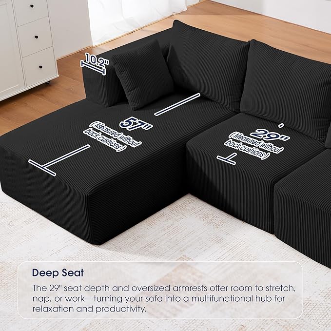 KINGYES 107'' Modular Sectional Sofa, L Shaped Cloud Couch for Living Room, Modern Boneless Sofa with Chaise for Bedroom, Black