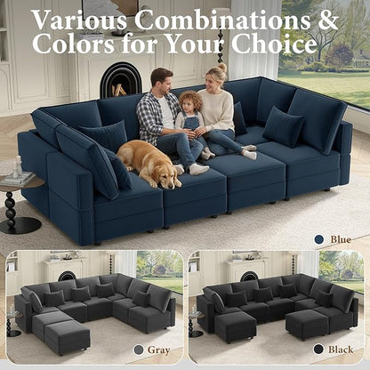 Vesgantti Sectional Sleeper Sofas with Storage, 118" Sofa Bed with 8 Seats Storage Chaises Removeble Cover, Deep Seat Modular Couches Velvet Couch Set for Living Room, Apartment, Home Theatre, Blue