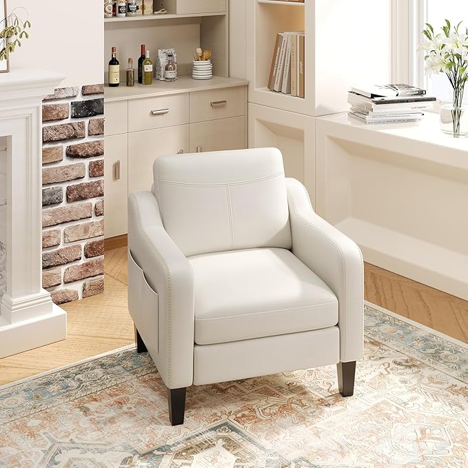 PU Leather Accent Chair, Mid-Century Modern Living Room Armchair Sofa with Removable Cushions, Solid Wood Frame & Stitched Armrest Design, Bedroom Chair with Plastic Legs, Beige
