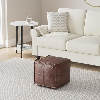 SIMPLIHOME Sheffield Square Pouf - 18 inch Wide Genuine Leather Ottoman in Brown, Boho-Style Footrest, Extra Seating, or Accent Piece for Living Room or Bedroom, Assembled
