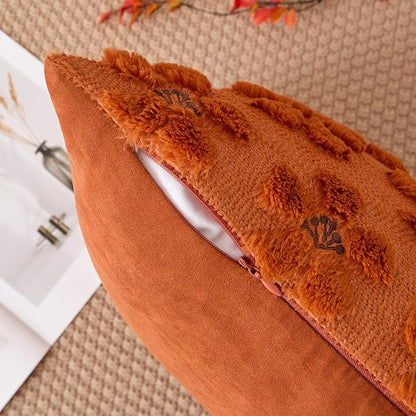Kevin Textile Fall Floral Pillow Covers 18x18 Inch Set of 2 Cute Flowers Embroidery Decor Soft Plush Faux Fur Throw Pillows Pillowcases for Holiday Harvest Decor Sofa Couch Bedroom, Rust