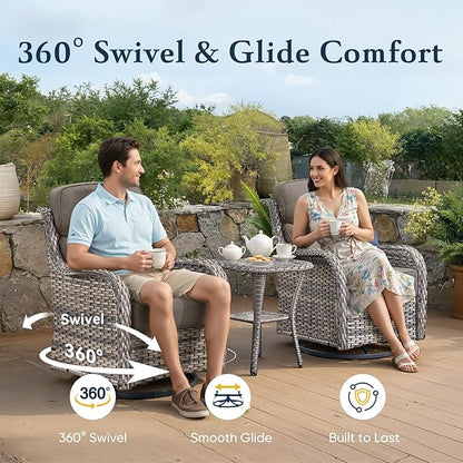 Belord Luxury 6" Thick Cushioned 10 Pieces Patio Furniture Set with Fire Pit Table, Wicker Outdoor Conversation Set with High Back Swivel Rocker Chairs for Deck Porch Yard and Poolside - Grey+Grey
