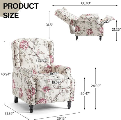 Recliner Chair, Upholstered Wingback Floral Pushback Armchair with Adjustable Backrest & Footrest, Comfy Accent Chair for Small Spaces, Living Room, Bedroom-Plants Floral, Set of 1