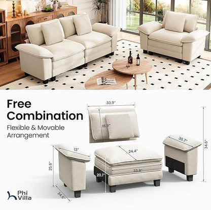 PHI VILLA Cloud Modular Couches Sets, 2 Pieces Sectional Sofa Set with Loveseat, 3-Seater Comfy Couch for Living Room Apartment, Chenille Fabric, Beige