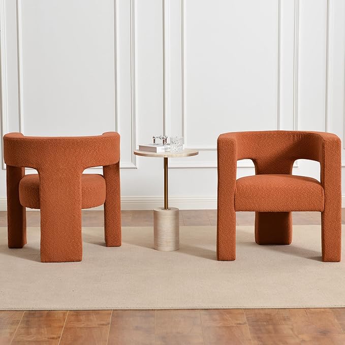 KINWELL 28" W Boucle Accent Chair Armchairs Set of 2, Upholstered Square Open-Back Barrel Chair, No Assembly Side Chair ArmChairs for Living Room Bedroom Lounge (Caramel)