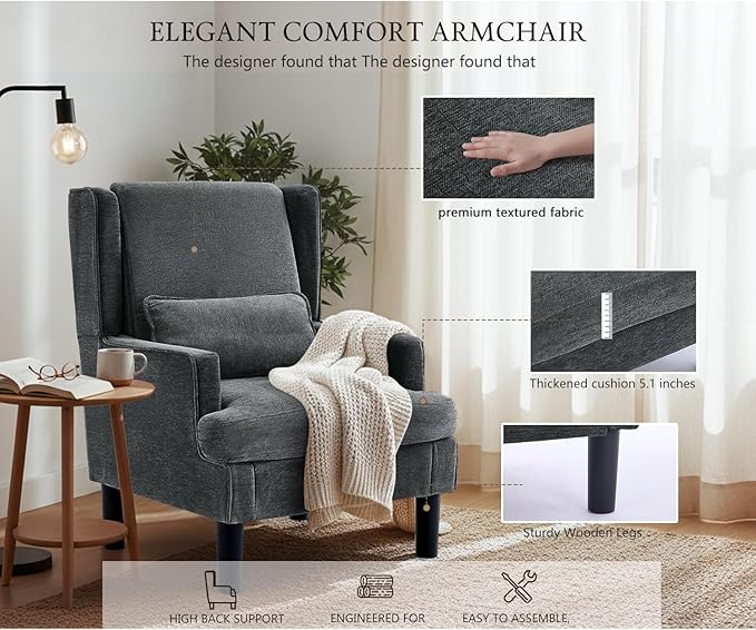 Accent Chair for Living Room Chairs Upholstered Oversized Reading Chair Armchair Accent Chairs for Living Room Chair with High Back and Wood Legs,Arm Chair Comfy Chair for Bedroom(Dark Grey)