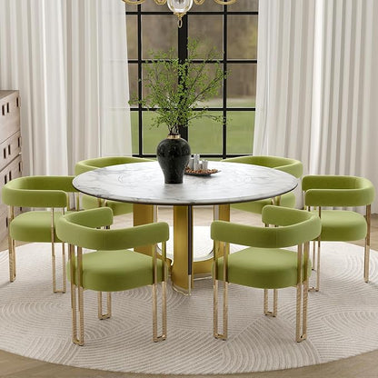 Green and Gold Modern Dining Chairs Set of 6, Velvet Upholstered Barrel Armchairs with Metal Legs for Kitchen Island, Mid Century Accent Chairs for Dining Room Living Room, Open-Back