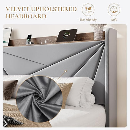 SHA CERLIN King Size Bed Frame with 3 Drawers, USB & Type-C Charging Ports, Velvet Upholstered Platform Bed with Modern Geometric Wingback Storage Headboard, No Box Spring Needed, Easy Assembly, Grey