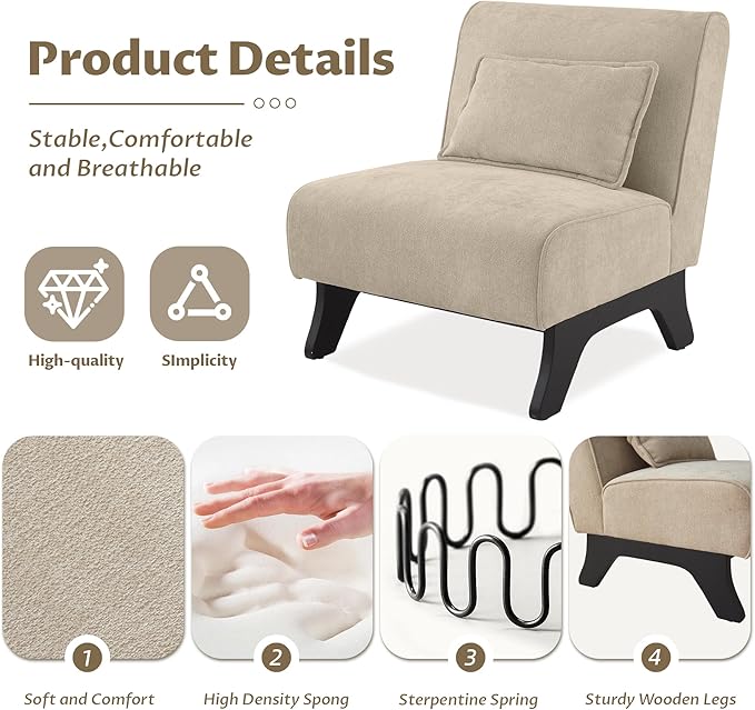 Upholstered Armless Accent Chair,Modern Comfy Living Room Chairs with Wooden Legs& Pillows,Lounge Sofa Side Chair for Bedroom Farmhouse Reading (Brown, 1 PC)