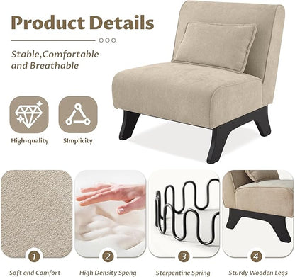 Upholstered Armless Accent Chair,Modern Comfy Living Room Chairs with Wooden Legs& Pillows,Lounge Sofa Side Chair for Bedroom Farmhouse Reading (Brown, 1 PC)