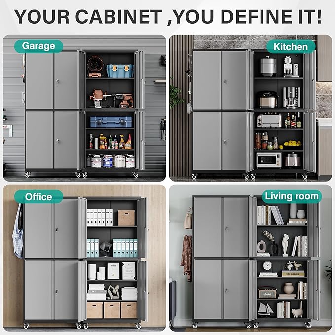 SISESOL Metal Storage Cabinet with Wheels,Rolling Garage Storage Cabinet with Lock,Gray Lockable Metal Cabinets with Shelves,Tall Tool Cabinets on Wheels for Garage,Home,Office,Shop