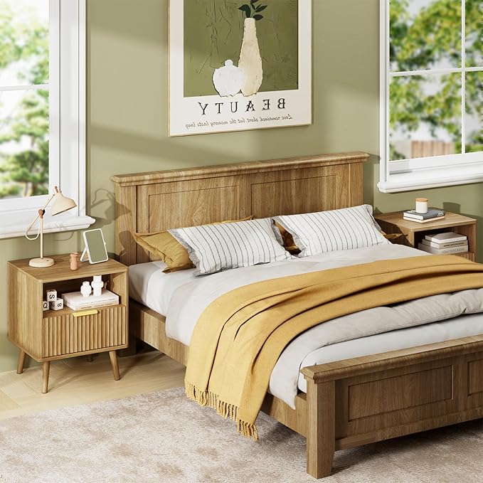 LYNSOM Fluted Dresser and Nightstand Sets 4 Piece, 1-Drawer Nightstands and 5/6 Drawers Dresser, Wood Bedroom Furniture Set for Home, Bedroom, Hallway, Natural Oak