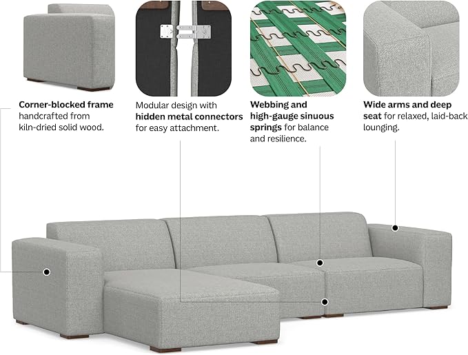SIMPLIHOME Rex Left-Facing Modular Sectional Sofa in 100% Recycled Polyester Tightly Woven Performance Fabric, Pale Grey, 102-inches Wide, 4-Seater L-Shaped Couch with Left Chaise for Living Room