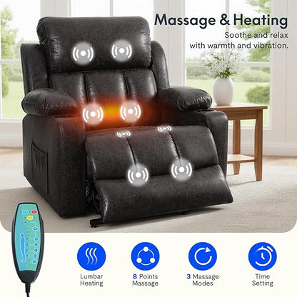 FLEXISPOT XL31-XL Oversized Power Lift Recliner Chair for Elderly, 27.4" Extra Wide Lay Flat Lift Chair with Massage & Heat, Dual Motor Electric Reclining Sofa for Big and Tall(Oversized, Charcoal)