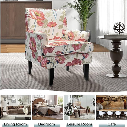 HULALA HOME Modern Accent Chair with Arms and Wooden Legs, Mid Century Accent Chair Armchair High Back Rest, Padded Armrest and Comfortable Cushioned Seat for Living Room (Red Yellow Floral)