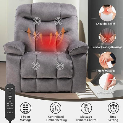 EONIX Oversized Wide Big Man Power Lift Recliner Chair for Elderly with Heat and Massage, 400lbs Dual Motor Lay Flat Electirc Lift Chair with Extended Footrest, SLRY008063, Grey