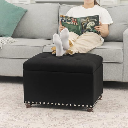 Joveco Storage Ottoman Bench, Rectangle 24″ Linen Foot Rest Stool Square Footstool for Living Room, Bedroom, Black