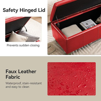 41" Faux Leather Storage Ottoman, Stitch Tufted Rectangle Upholstered End of Bed Storage Bench, Entryway Large Couch Ottoman with Wooden Legs,Red
