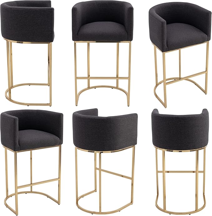 Contemporary Charcoal Linen Bar Stools Set of 3, 32" Upholstered Fabric Counter Height Barstool Kitchen Counter Island Stools with Golden Metal Base