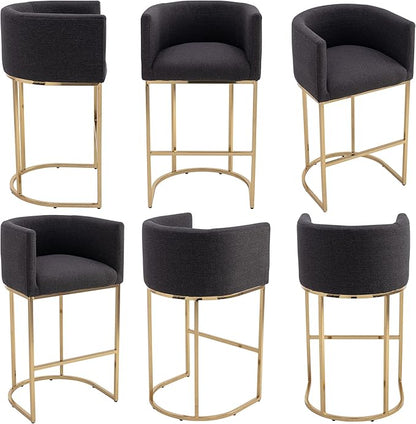 Contemporary Charcoal Linen Bar Stools Set of 3, 32" Upholstered Fabric Counter Height Barstool Kitchen Counter Island Stools with Golden Metal Base