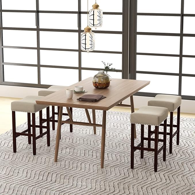 COSTWAY Counter Height Bar Stools Set of 2, 25-inch Backless Saddle Stools with Nailhead Trim, Rubber Wood Frame, Footrest, Max Load 330 Lbs, Upholstered Barstools for Kitchen Island Pub, Beige