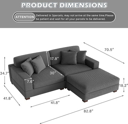 Modular Sectional Couches for Living Room, Modern Loveseat 2-Seater Sofa Couch with Ottoman, Upholstered Couches for Living Room Bedroom, Grey