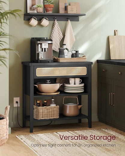 VASAGLE Console Table with Power Outlets, Entryway Table with Storage Shelf, Sofa Table with Drawer, Open Compartment, Rounded Corners, for Living Room, Boho Style, Ash Black ULNT140B21