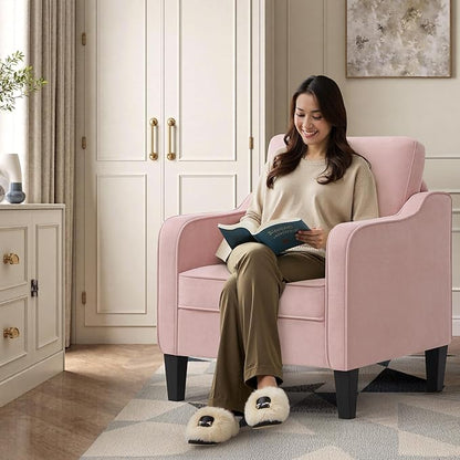 Accent Chairs Set of 2, Upholstered Living Room Chair with Side Pockets, Mid Century Modern Reading Chair for Bedroom, Comfy Armchair Single Sofa Side Chair for Office, Small Room, Pink