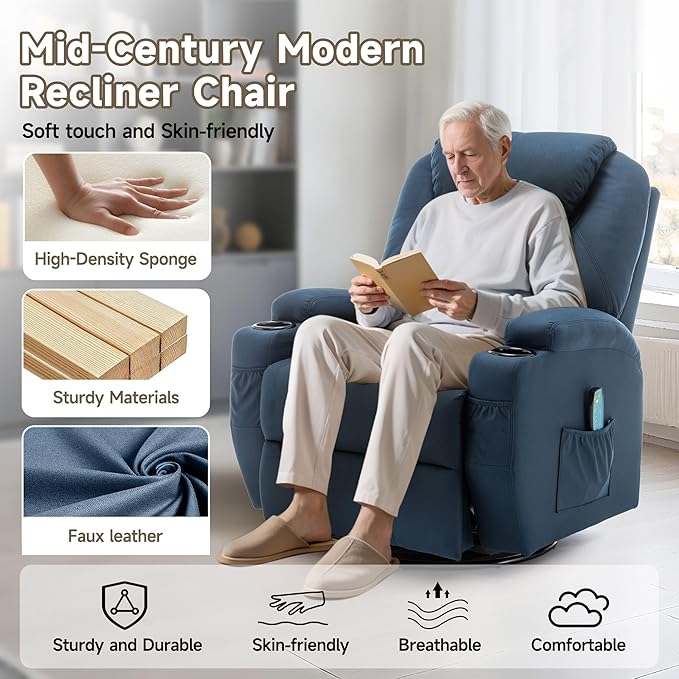 Recliner Chair, Rocking Chair with Heat and Massage, Swivel Recliner Chairs for Adults, Rocker Manual Recliner with Remote Control and Cup Holder for Living Room, Bedroom