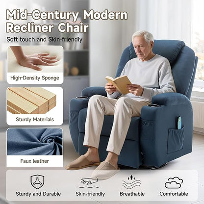 Recliner Chair, Rocking Chair with Heat and Massage, Swivel Recliner Chairs for Adults, Rocker Manual Recliner with Remote Control and Cup Holder for Living Room, Bedroom