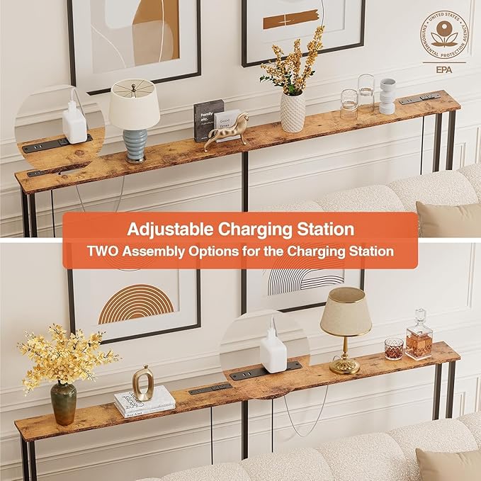 90" Narrow Sofa Table - 2 Power Outlets & 4 USB Ports, Metal Frame,Perfect for Hallway, Office, and Behind Sofa - Easy Assembly, 4.9ft Extension Cord Included Rustic Brown