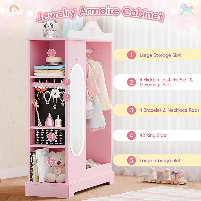 Xilingol Kids Armoire with a Jewelry Cabinet, Princess Dress Up Closet with Mirror, Kids Wardrobe Closet with Storage Shelves, Armoire Costume Organizer for Bedroom, Kids Room, Girl (Pink)
