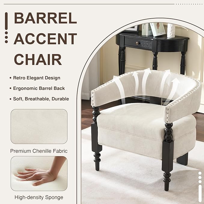 LOULENS Barrel Accent Chair, Vintage Chenille Upholstered Lounge Chair with Solid Wood Legs, Comfy Leisure Side Armchair for Living Room, Bedroom, Reading Nook, Corner, Beige
