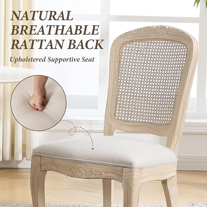 Wicker Dining Chairs Set of 4, Upholstered Linen Fabric Dining Room Chairs with Square High Rattan Back Farmhouse French Kitchen Chairs for Dining Table/Living Room/Restaurant, White