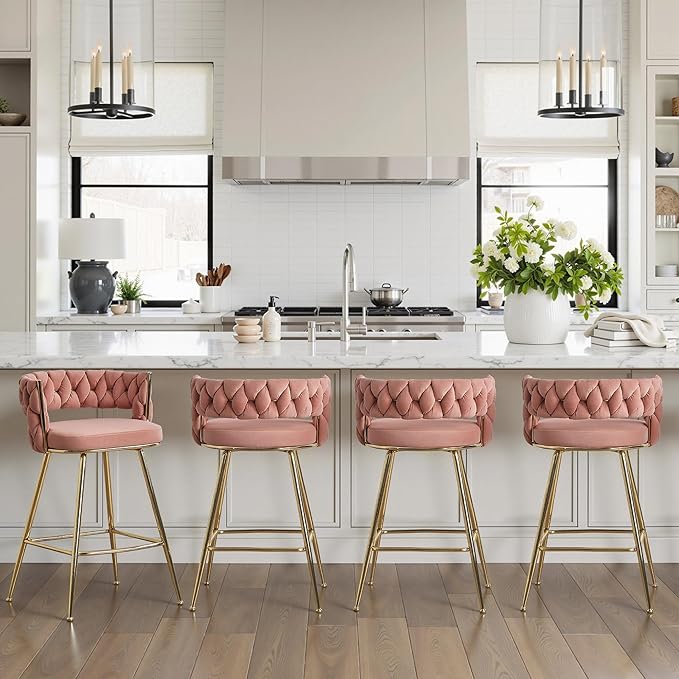 VECELO Bar Stools Set of 2, Counter Height Bar Stools, 26 inch Seat Barstools with Woven Back and Footrest for Kitchen Island Counter, Pink
