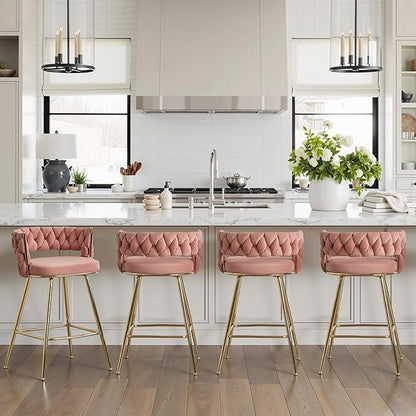VECELO Bar Stools Set of 2, Counter Height Bar Stools, 26 inch Seat Barstools with Woven Back and Footrest for Kitchen Island Counter, Pink