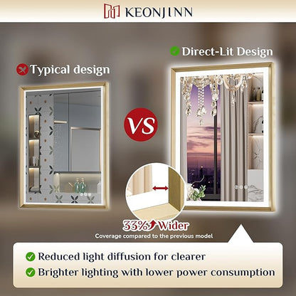Keonjinn 48” x 36” LED Bathroom Mirror with Frontlit & Backlit, Gold Metal Framed Lighted Mirror with Stepless Dimmable 3-Color Temperatures, Anti Fog, UL-Listed Driver, No Dark Corner